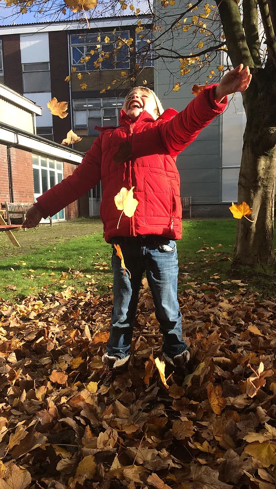 child in fallen leaves